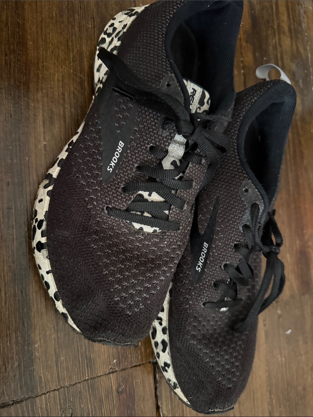 Brooks Women’s Black Athletic Sneakers with Cream Leopard-Print Sole